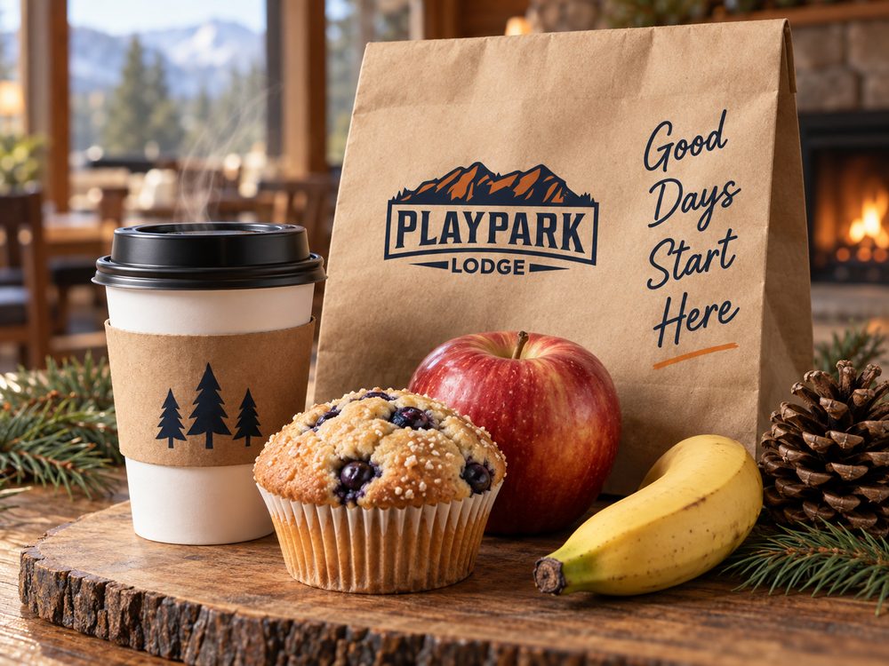 Playpark Lodge grab and go breakfast: coffee, blueberry muffin, apple and banana with a branded paper bag